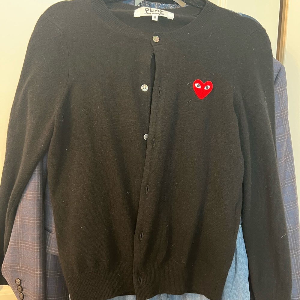 Comme de Garçons Black Cardigan Sweater with Red Heart